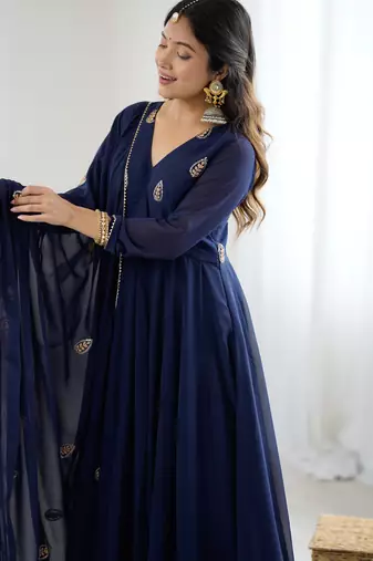  navy blue georgette anarkali suit set with zari & sequins embroidery