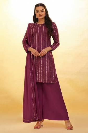 elegant wine sequins striped georgette kurta set with dupatta for women