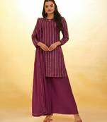 elegant wine sequins striped georgette kurta set with dupatta for women