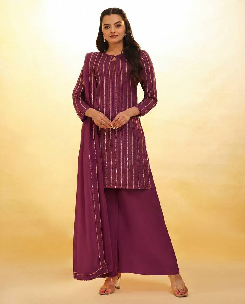 elegant wine sequins striped georgette kurta set with dupatta for women
