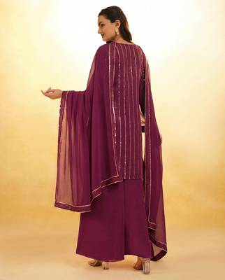 elegant wine sequins striped georgette kurta set with dupatta for women 2