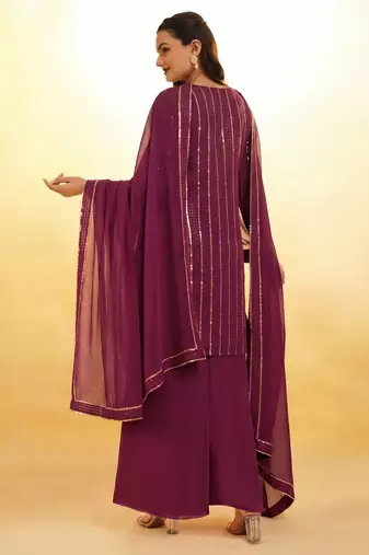 elegant wine sequins striped georgette kurta set with dupatta for women
