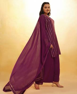 elegant wine sequins striped georgette kurta set with dupatta for women 3