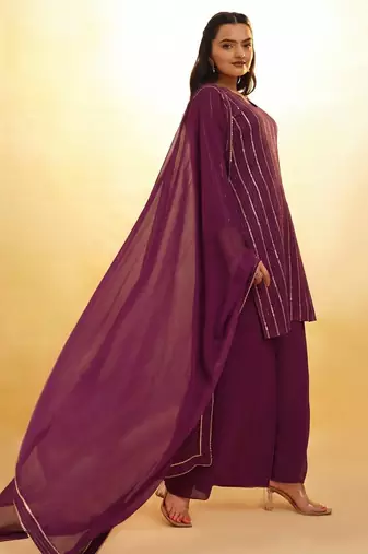 elegant wine sequins striped georgette kurta set with dupatta for women