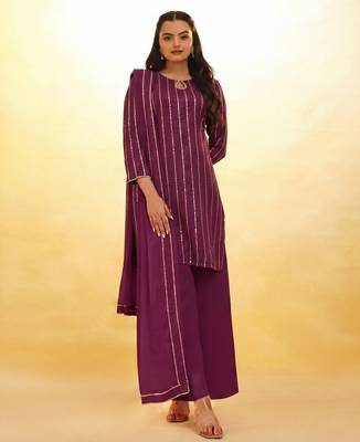 elegant wine sequins striped georgette kurta set with dupatta for women 4