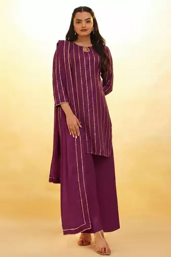 elegant wine sequins striped georgette kurta set with dupatta for women