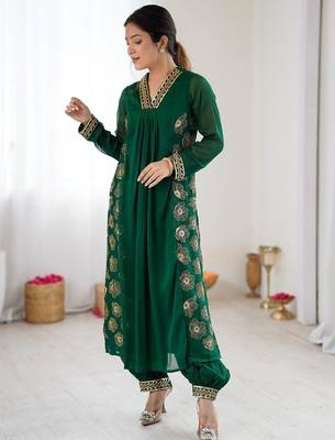dark green floral embroidered georgette kurta balloon pant set with elegant detailing 1