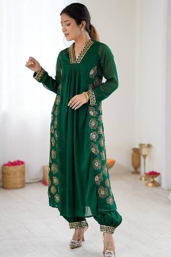 dark green floral embroidered georgette kurta balloon pant set with elegant detailing