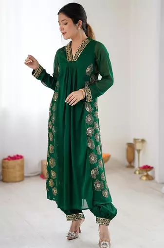 dark green floral embroidered georgette kurta balloon pant set with elegant detailing