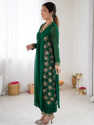 dark green floral embroidered georgette kurta balloon pant set with elegant detailing 3