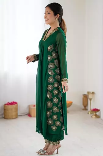 dark green floral embroidered georgette kurta balloon pant set with elegant detailing