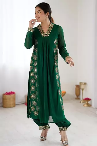 dark green floral embroidered georgette kurta balloon pant set with elegant detailing