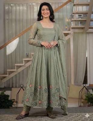 Olive Color  Sequence Embroidery Work Silk Blend Salwar Suit  1