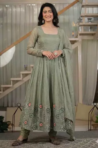 Olive Color  Sequence Embroidery Work Silk Blend Salwar Suit 