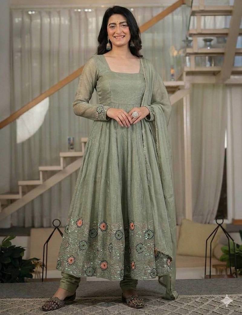 Olive Color  Sequence Embroidery Work Silk Blend Salwar Suit 