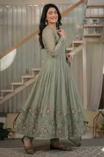 Olive Color  Sequence Embroidery Work Silk Blend Salwar Suit 