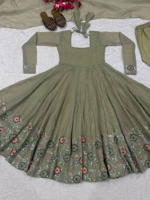 Olive Color  Sequence Embroidery Work Silk Blend Salwar Suit  3