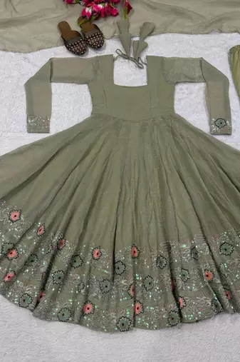 Olive Color  Sequence Embroidery Work Silk Blend Salwar Suit 