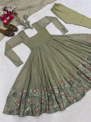 Olive Color  Sequence Embroidery Work Silk Blend Salwar Suit  4