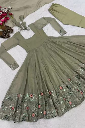 Olive Color  Sequence Embroidery Work Silk Blend Salwar Suit 