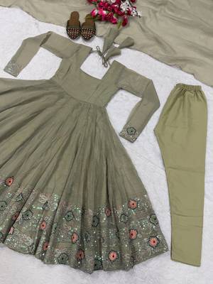 Olive Color  Sequence Embroidery Work Silk Blend Salwar Suit  5