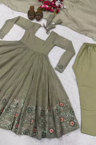 Olive Color  Sequence Embroidery Work Silk Blend Salwar Suit 