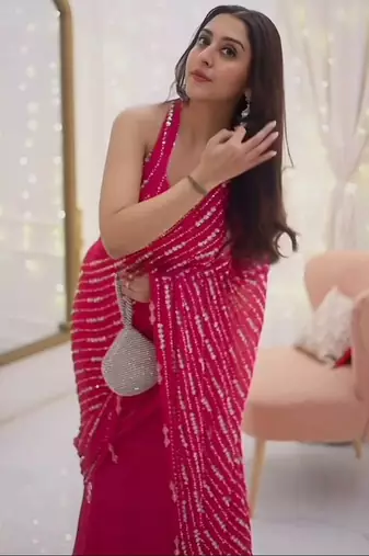 Pink Faux Georgette Fish Cut Lehenga Saree with Sequins Work