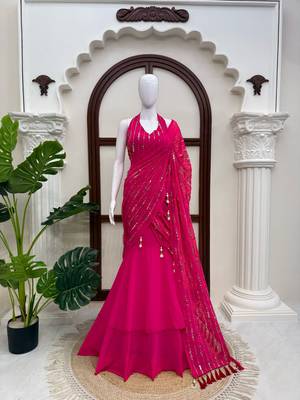 Pink Faux Georgette Fish Cut Lehenga Saree with Sequins Work 1