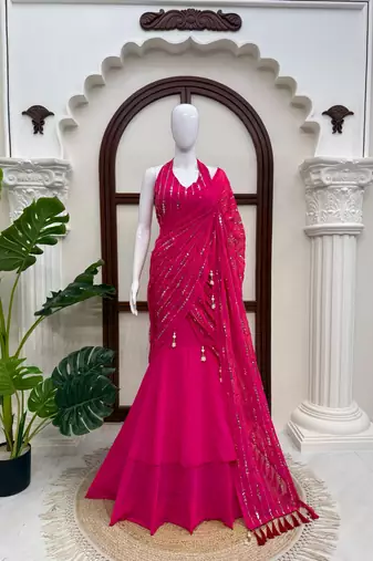 Pink Faux Georgette Fish Cut Lehenga Saree with Sequins Work