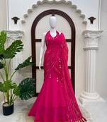 Pink Faux Georgette Fish Cut Lehenga Saree with Sequins Work