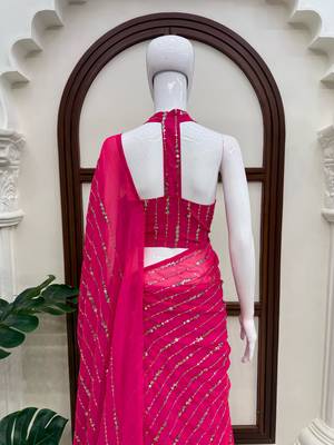 Pink Faux Georgette Fish Cut Lehenga Saree with Sequins Work 3
