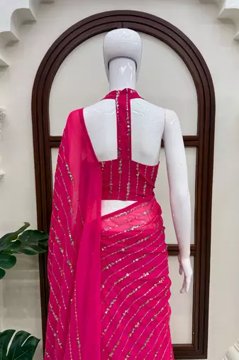 Pink Faux Georgette Fish Cut Lehenga Saree with Sequins Work