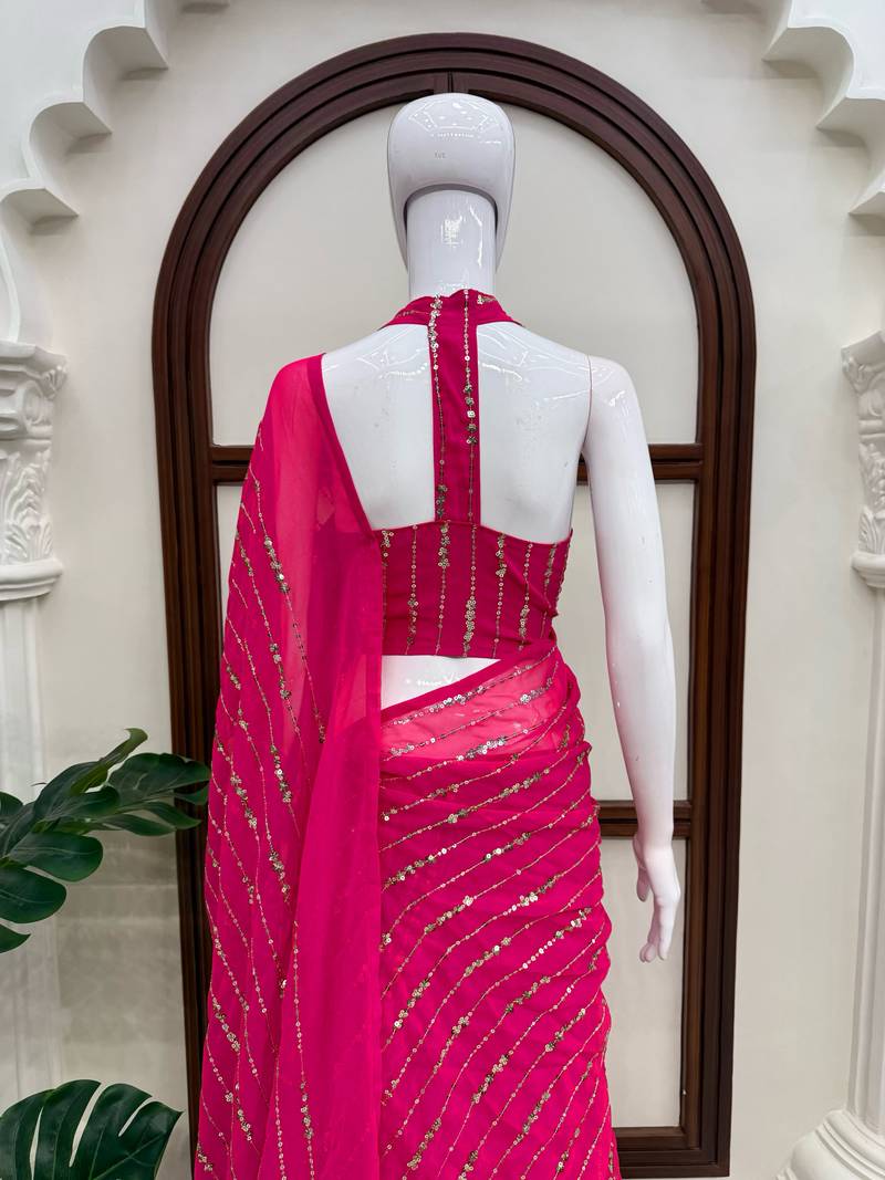 Pink Faux Georgette Fish Cut Lehenga Saree with Sequins Work