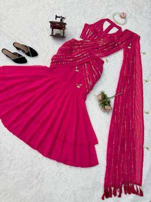 Pink Faux Georgette Fish Cut Lehenga Saree with Sequins Work 4
