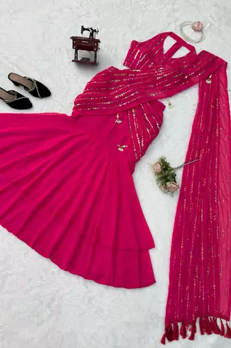 Pink Faux Georgette Fish Cut Lehenga Saree with Sequins Work