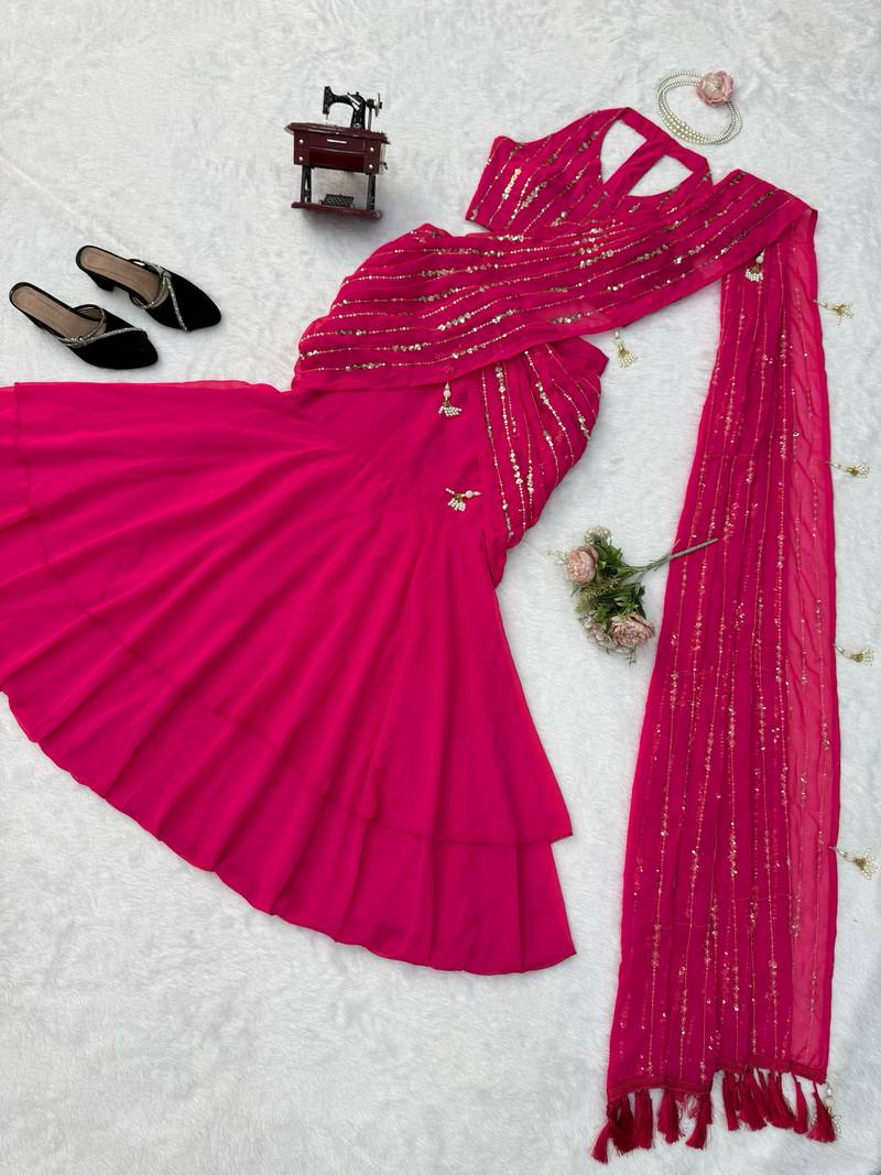 Pink Faux Georgette Fish Cut Lehenga Saree with Sequins Work