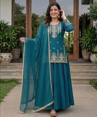 Teal Blue Heavy Roman Cotton Lehenga Set with Sequins Embroidered Top 1