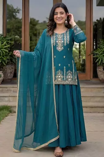 Teal Blue Heavy Roman Cotton Lehenga Set with Sequins Embroidered Top