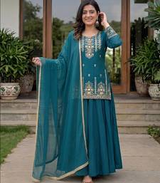 Teal Blue Heavy Roman Cotton Lehenga Set with Sequins Embroidered Top