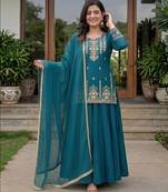 Teal Blue Heavy Roman Cotton Lehenga Set with Sequins Embroidered Top