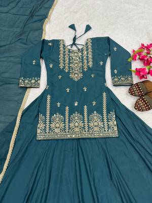 Teal Blue Heavy Roman Cotton Lehenga Set with Sequins Embroidered Top 2