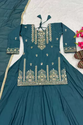 Teal Blue Heavy Roman Cotton Lehenga Set with Sequins Embroidered Top