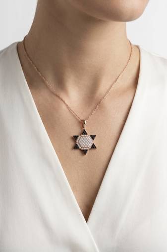 925 Sterling Silver Rose Gold Black & White CZ Hexagram Star of David Pendant Necklace  Set for Women