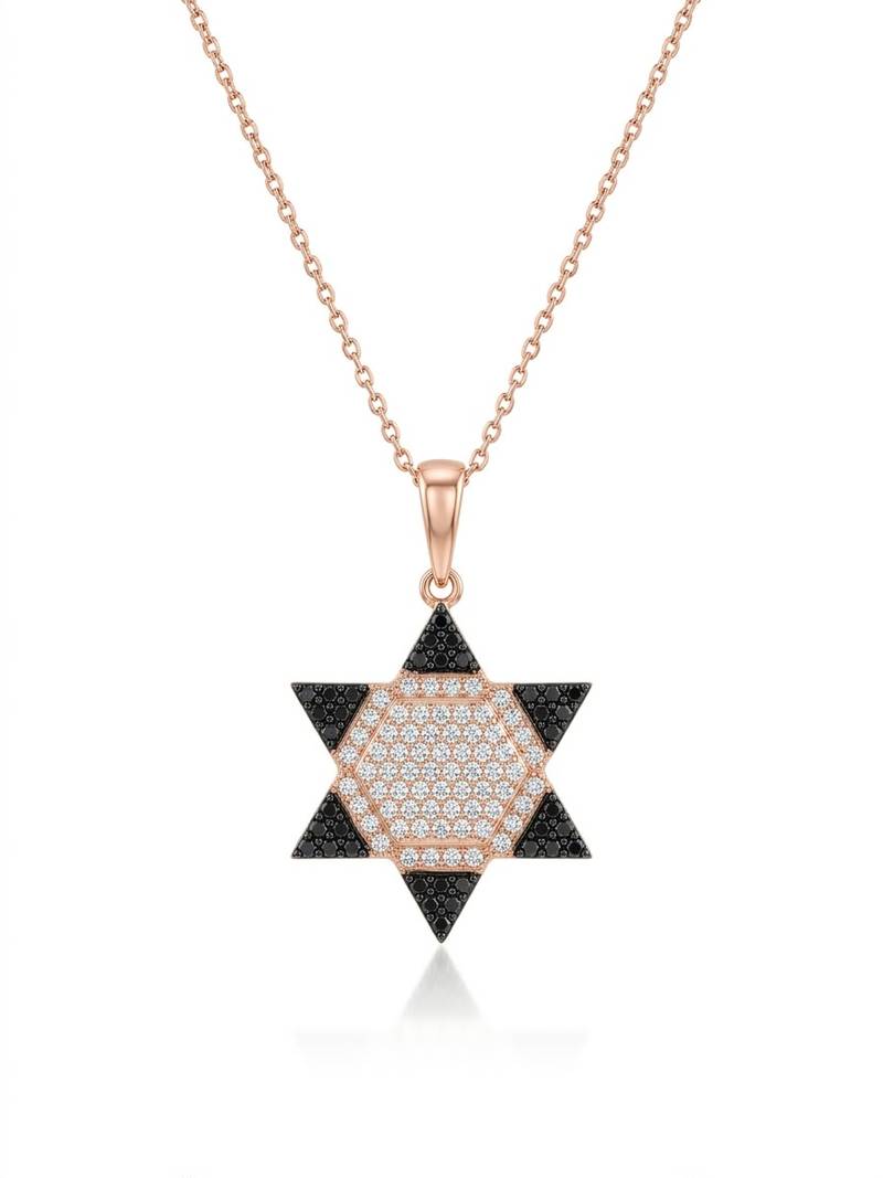 925 Sterling Silver Rose Gold Black & White CZ Hexagram Star of David Pendant Necklace  Set for Women