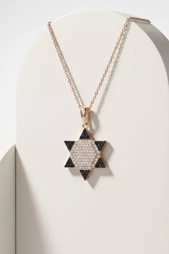 925 Sterling Silver Rose Gold Black & White CZ Hexagram Star of David Pendant Necklace  Set for Women