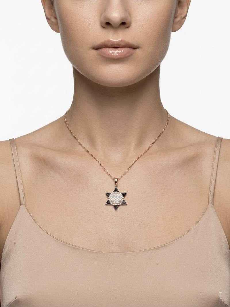 925 Sterling Silver Rose Gold Black & White CZ Hexagram Star of David Pendant Necklace  Set for Women