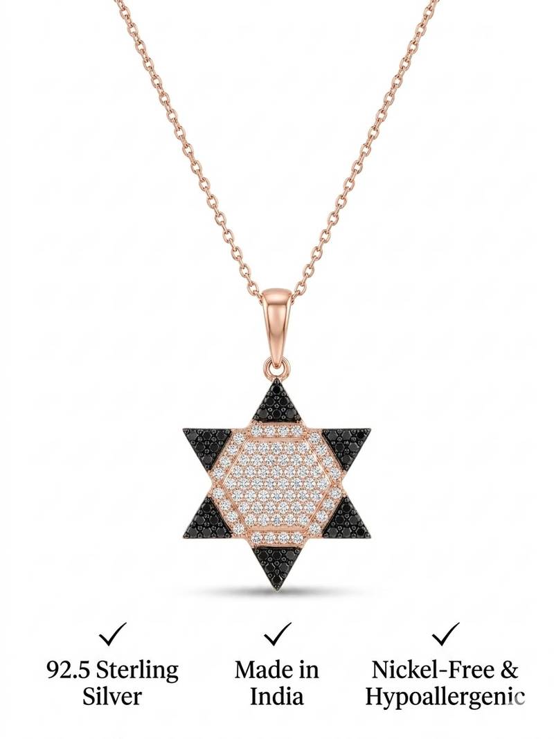 925 Sterling Silver Rose Gold Black & White CZ Hexagram Star of David Pendant Necklace  Set for Women