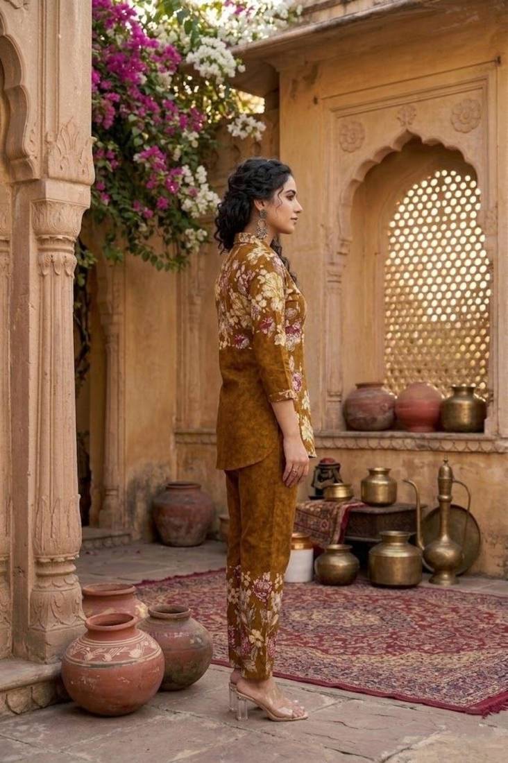Mustard designer festive cotton co-ord set for women