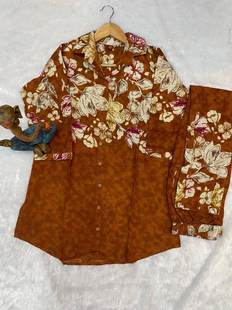 Mustard designer festive cotton co-ord set for women