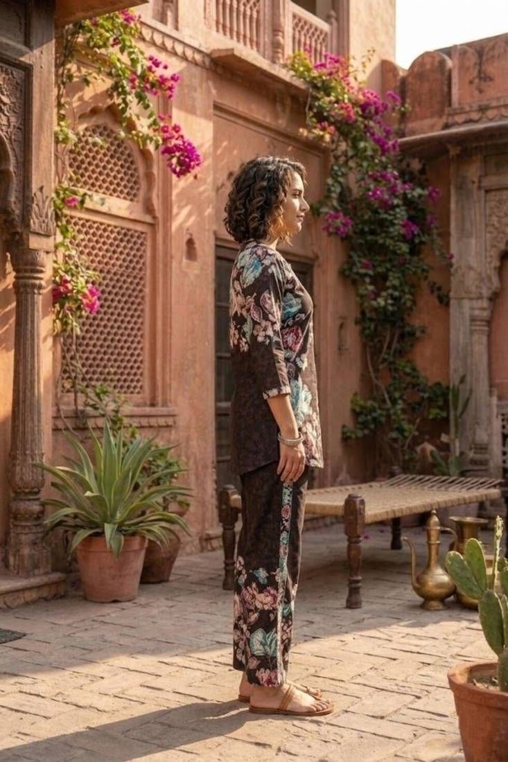 Brown designer festive cotton co-ord set for women